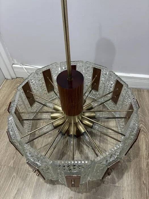 Carl Fagerlund for Orrefors Chandelier — Glass, Teak & Brass, Sweden 1960s
