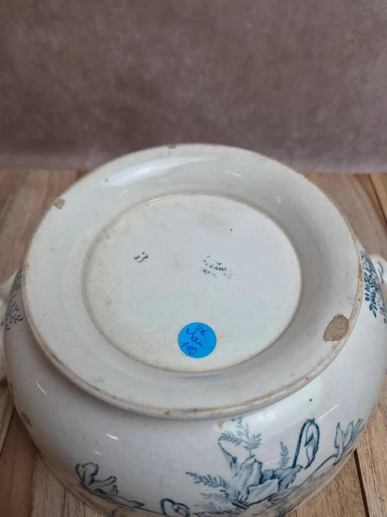 Antique ironstone soup tureen Clairefontaine with blue cyclamen decoration.