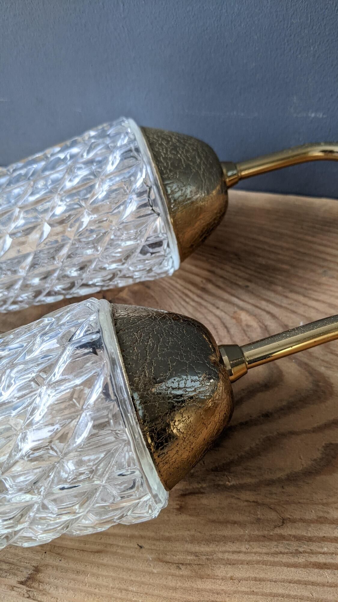 Old pair of vintage wall lamps gold metal and glass