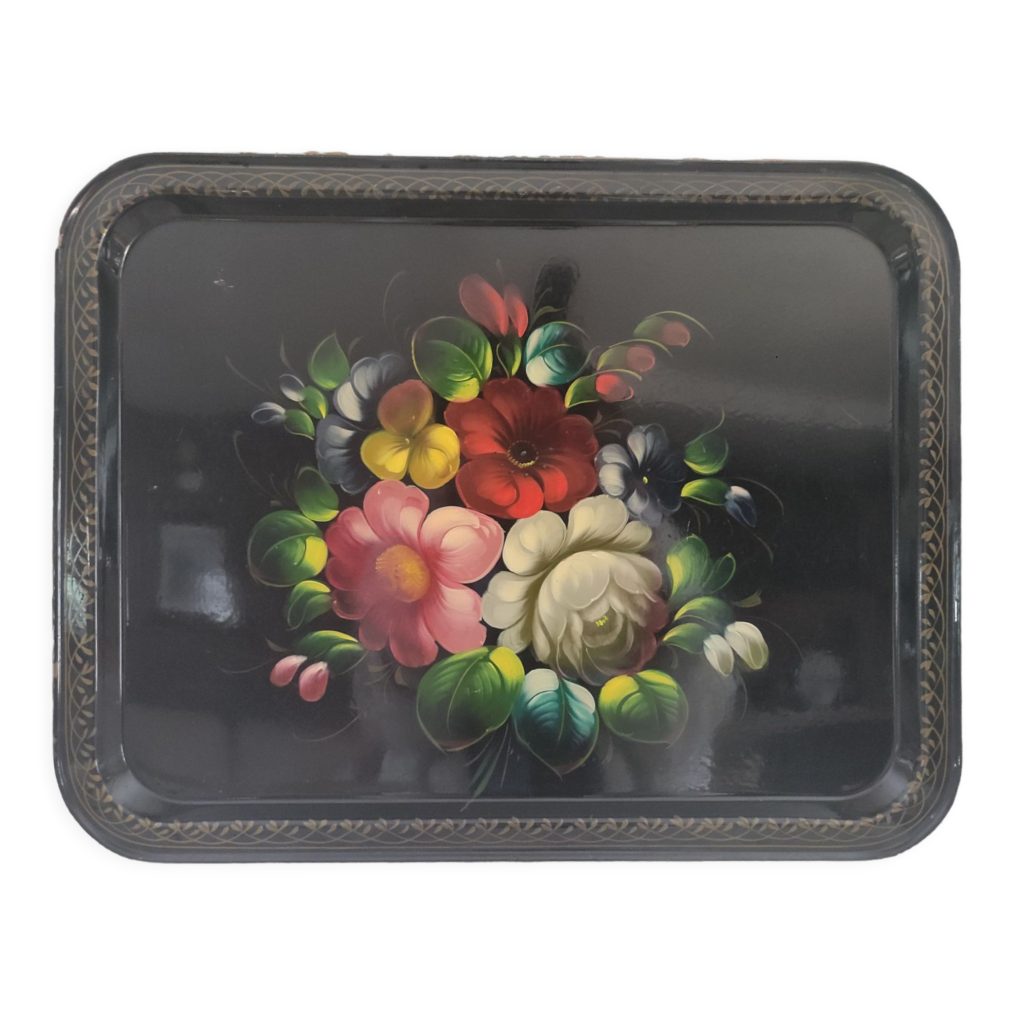 Plateau russe en tôle noire peinte à la main