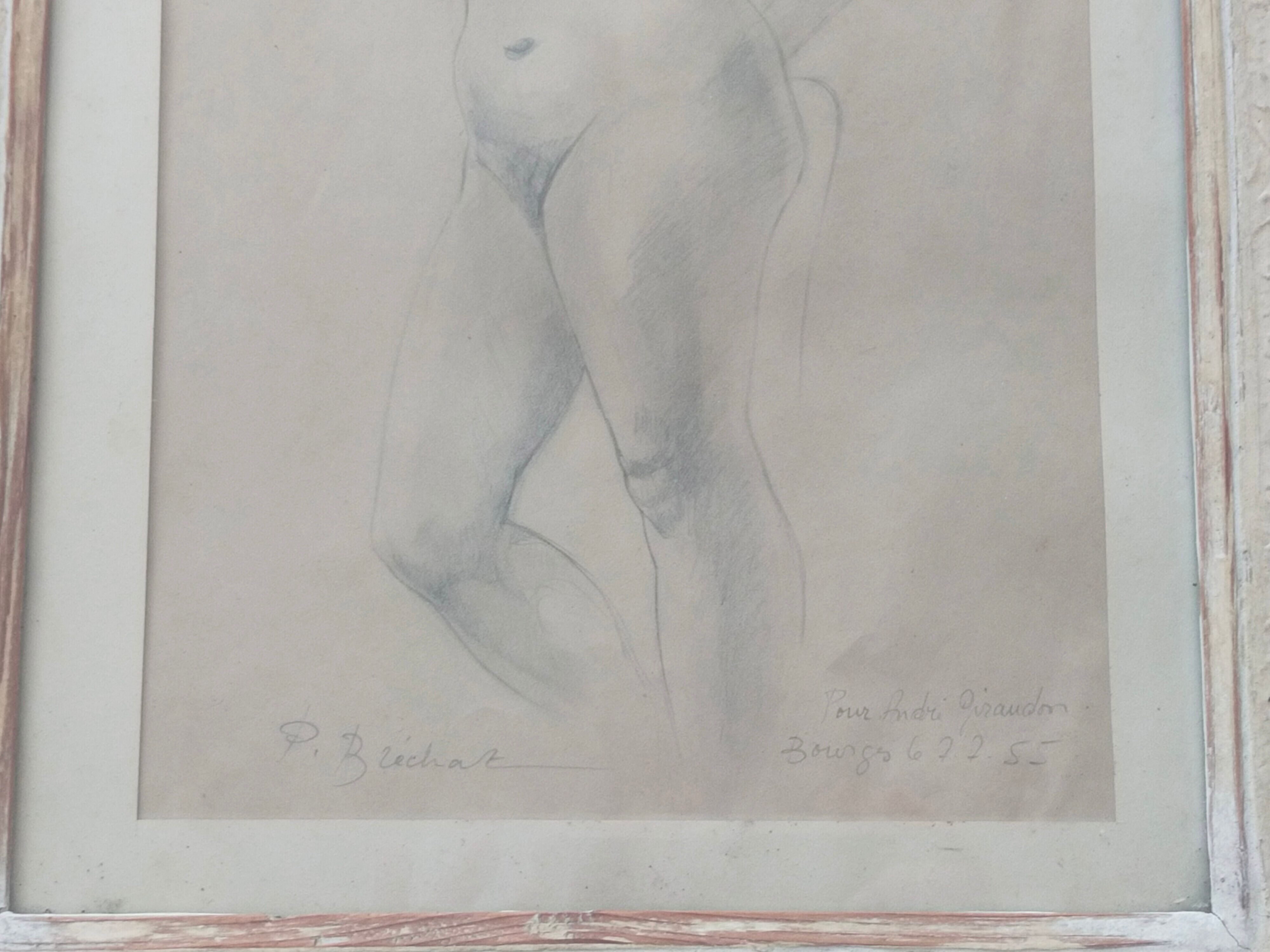 Drawing Female Nude signed P. Bréchat 1955