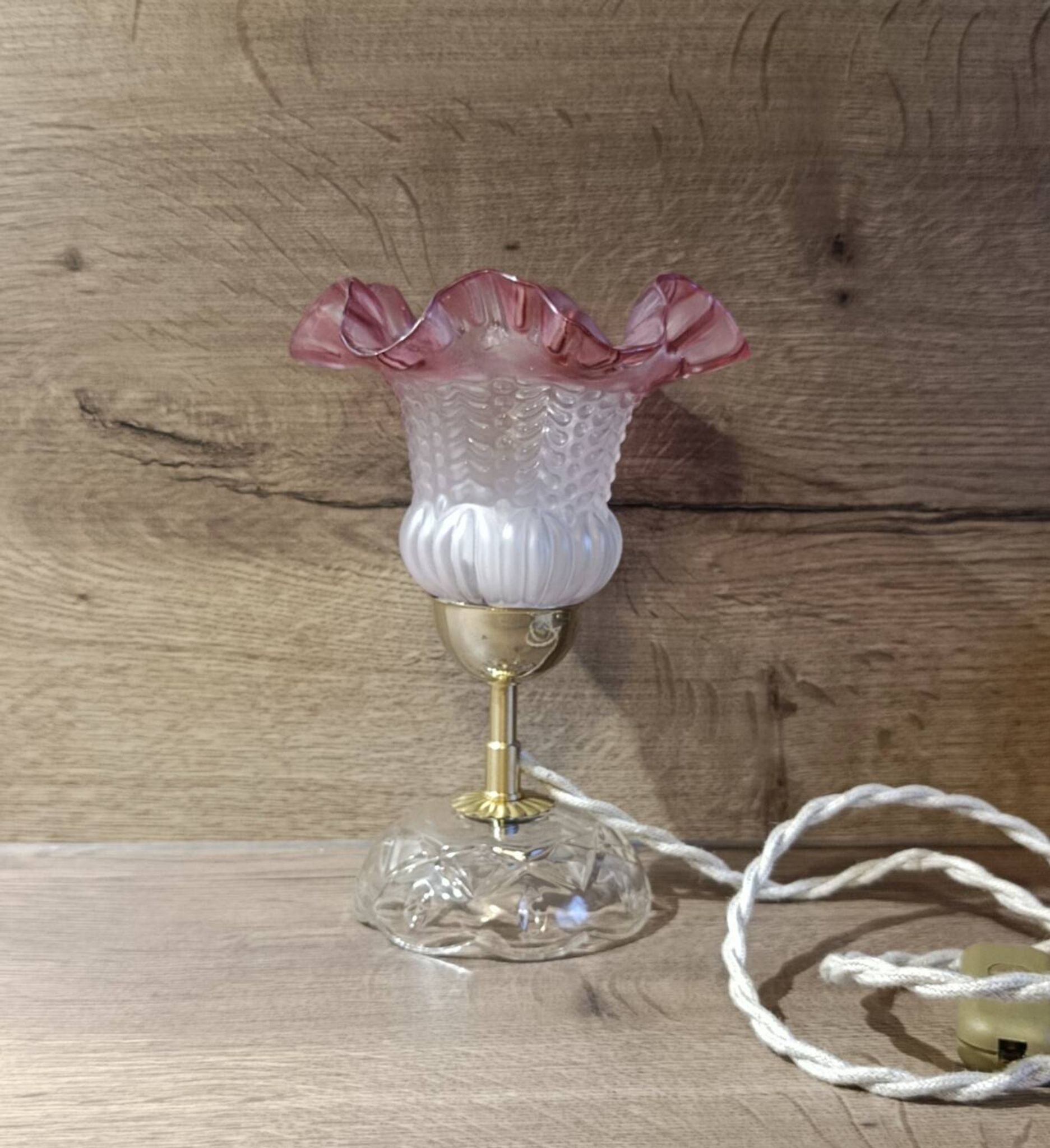 Upcycled vintage pink tulip glass table lamp