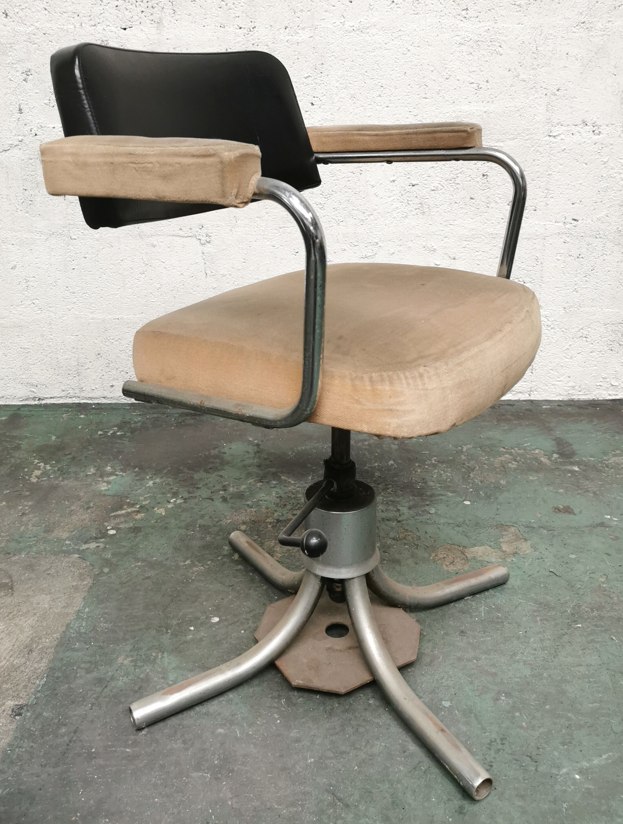 Fauteuil vintage industriel en laine et cuir, 1950