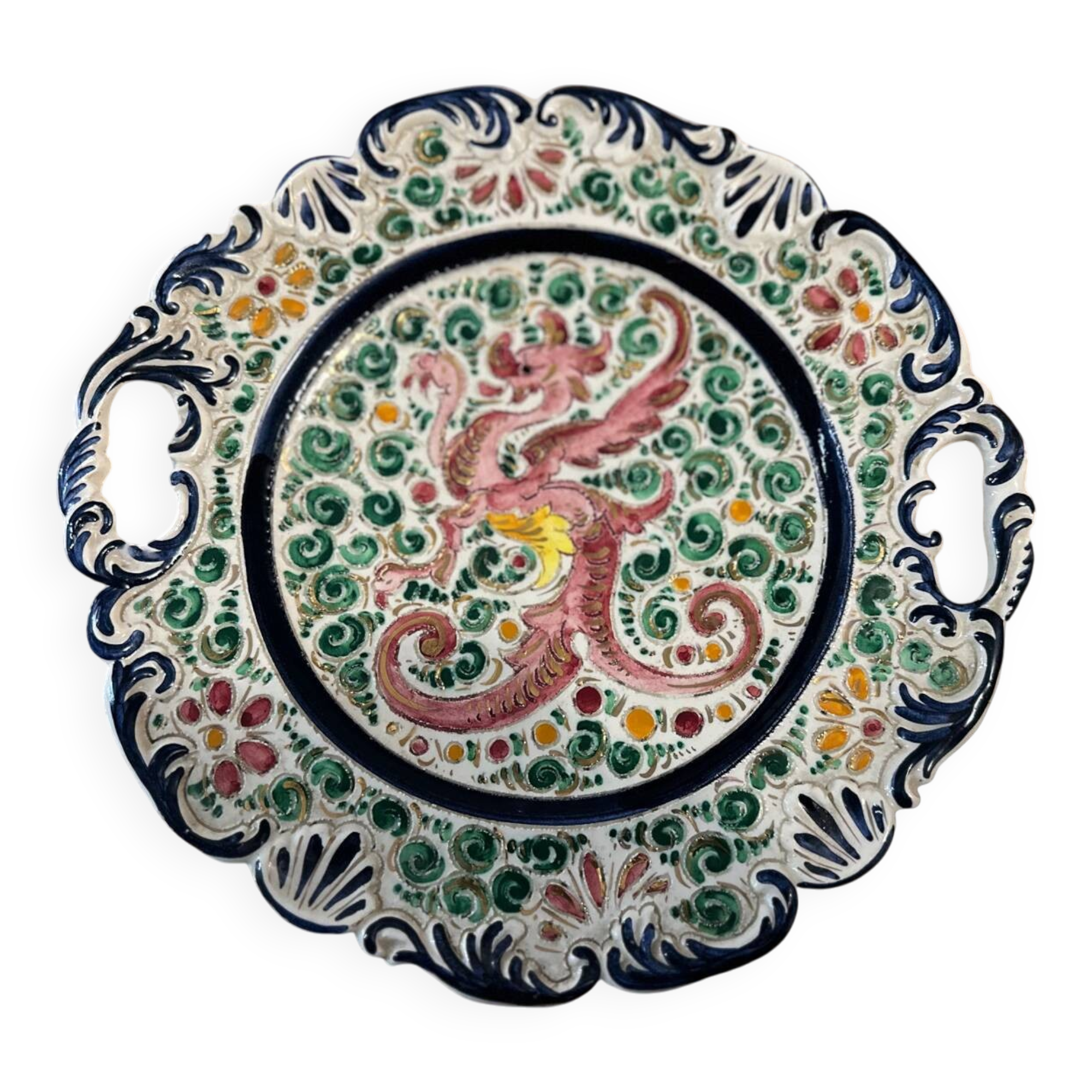 Plate / Ashtray in Massé Frères Earthenware - Relief Decoration of Dragon and F