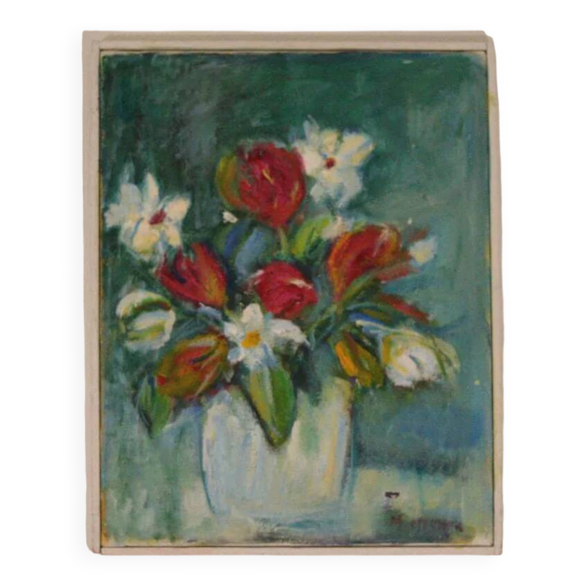 Oil on Swedish canvas "Vase and Flowers" by M. Hernek