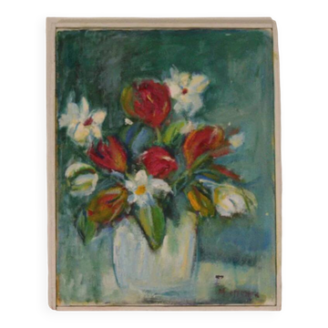 Huile sur toile suédoise « Vase et fleurs » de M. Hernek