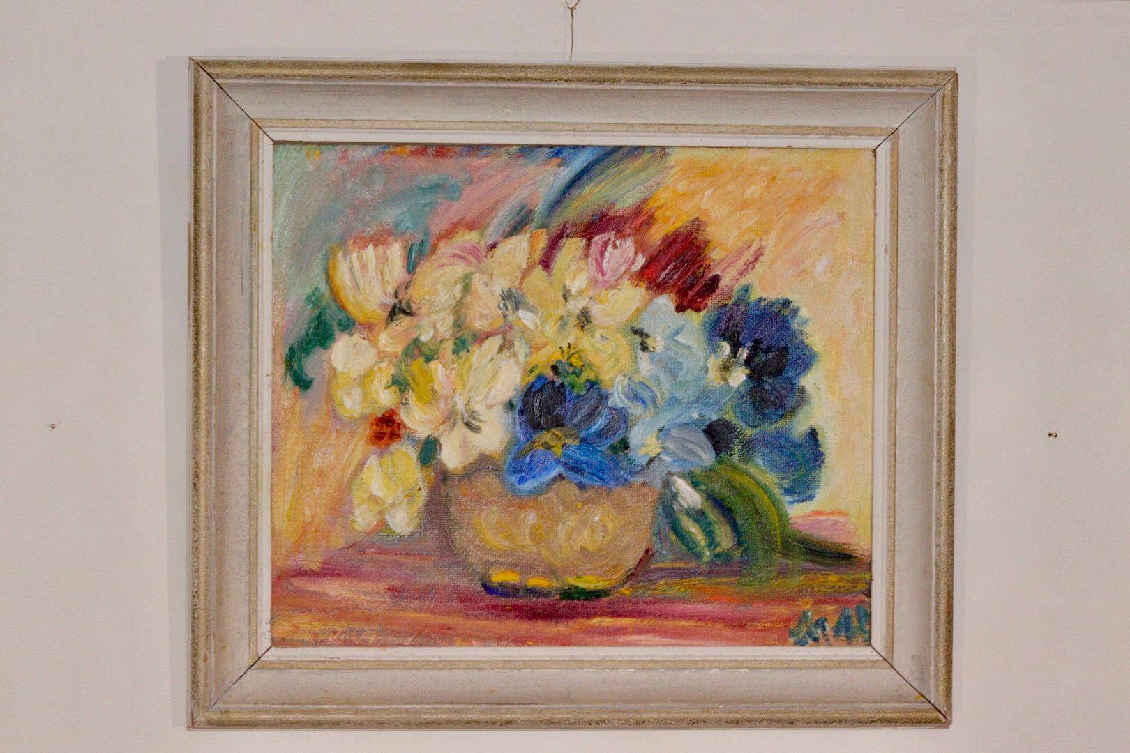 Original Swedish mid-century oil painting on panel "Flowers"