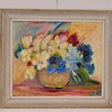 Original Swedish mid-century oil painting on panel "Flowers"