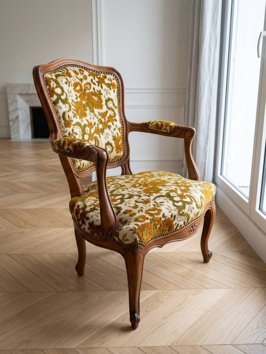 Louis XV armchair in wood and yellow and green floral fabric