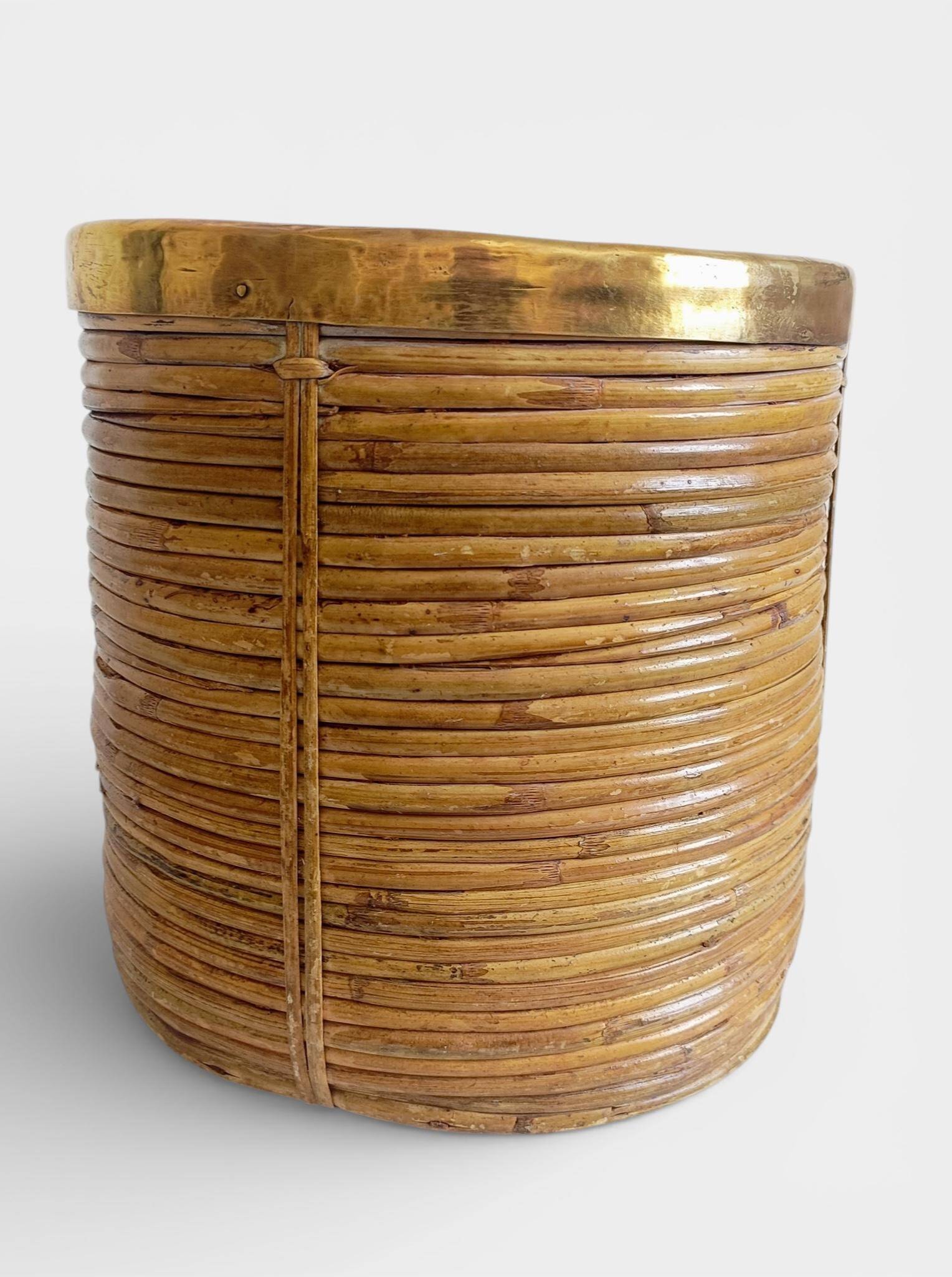 Mid-Century Organic Modern Medium Size Pencil Reed/Rattan Planter with Brass Rim