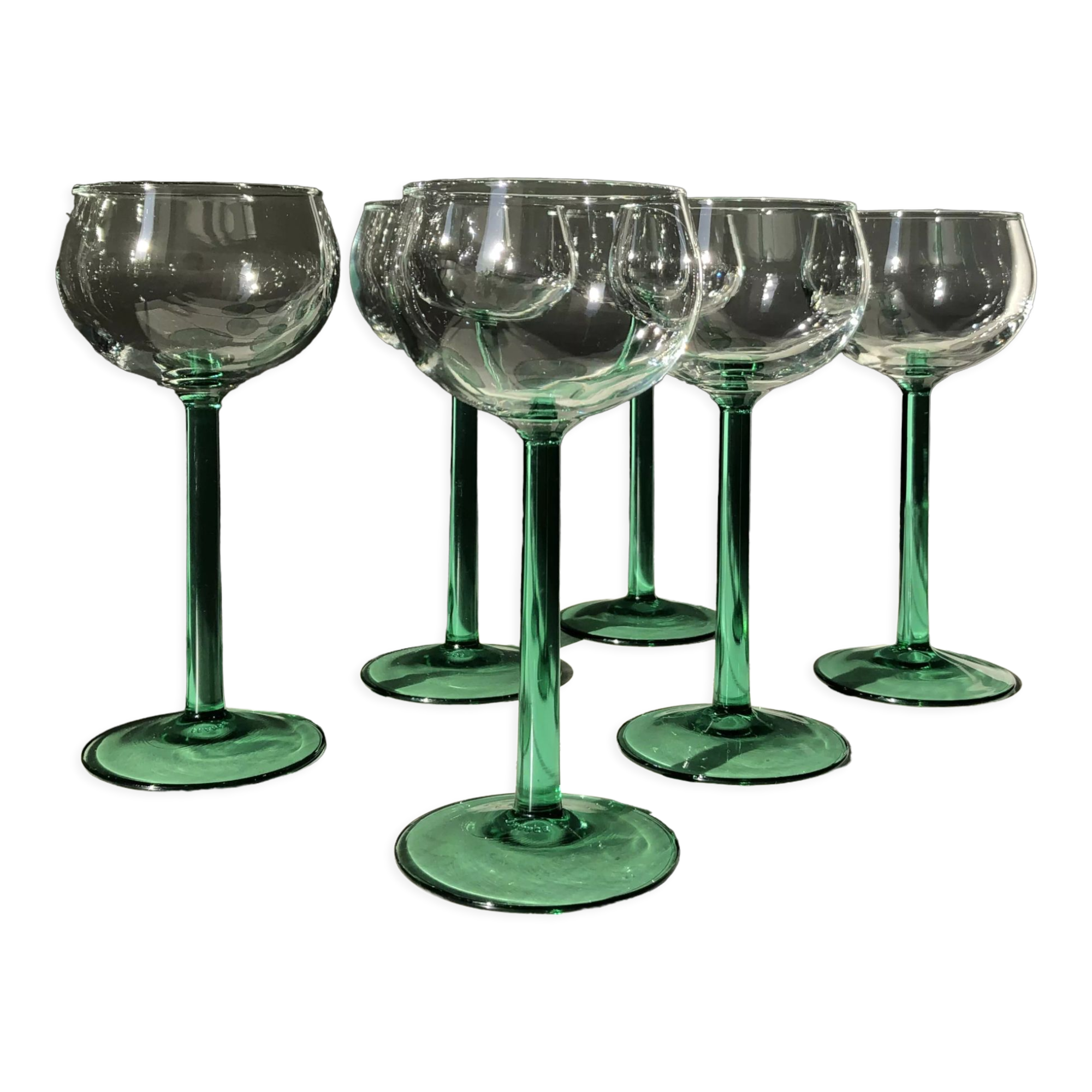 6 Alsace wine glasses, translucent emerald green foot, J.G Durand & Cie, Luminarc