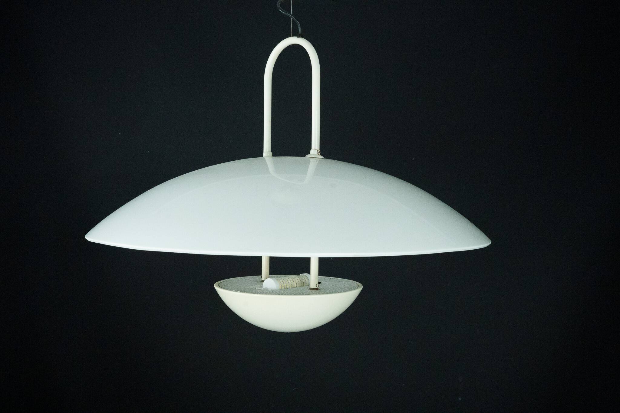 Vintage 1990s White Pendant Lamp with Glass Top Shade. Italy