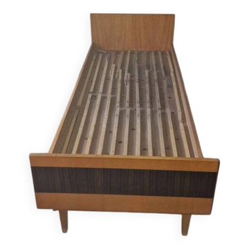Double bed Mid-Century in brown and black wood, 1960s, Czech production.