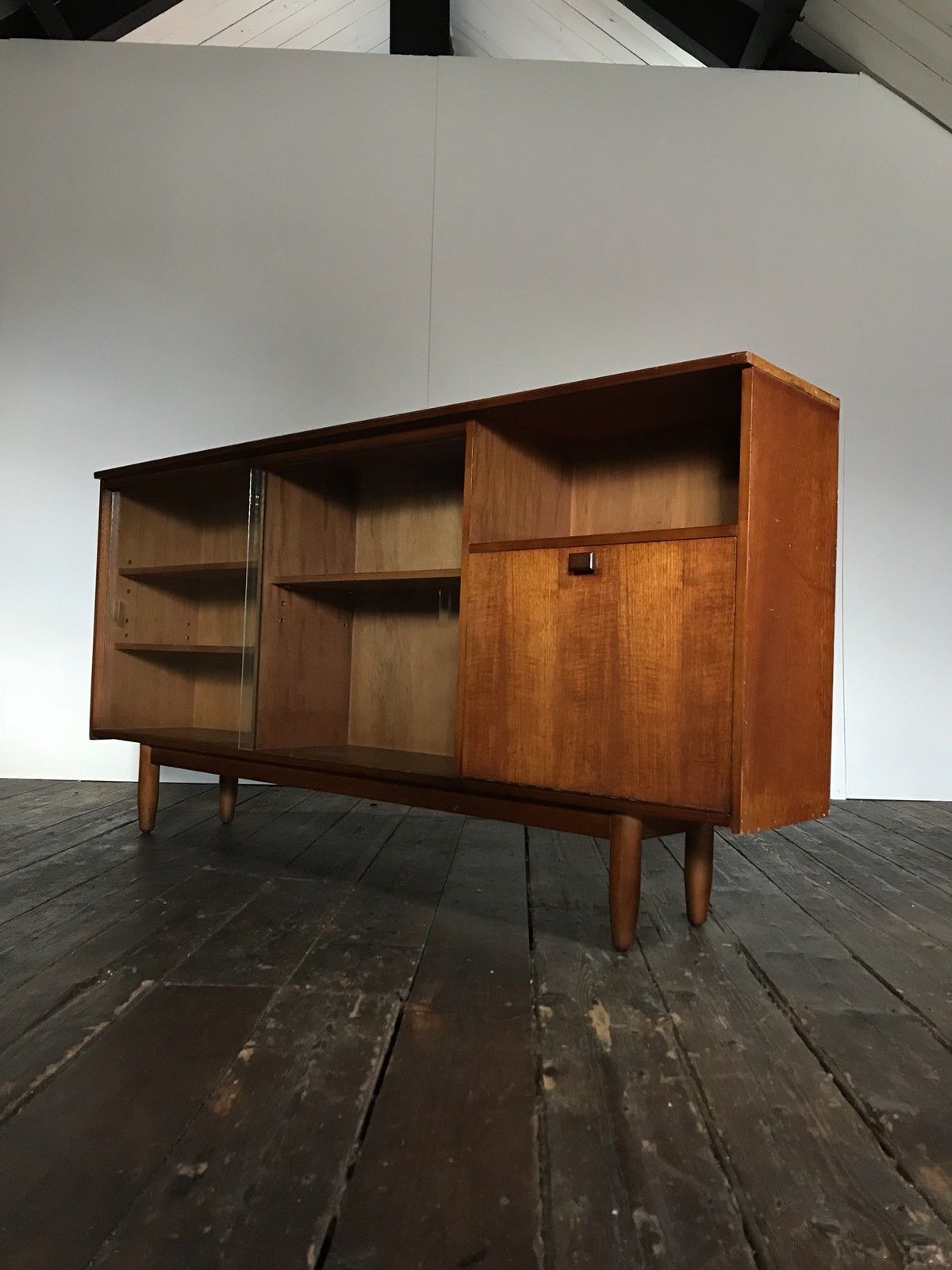 Row / teak, part glass, Mid century Scandinavian buffet