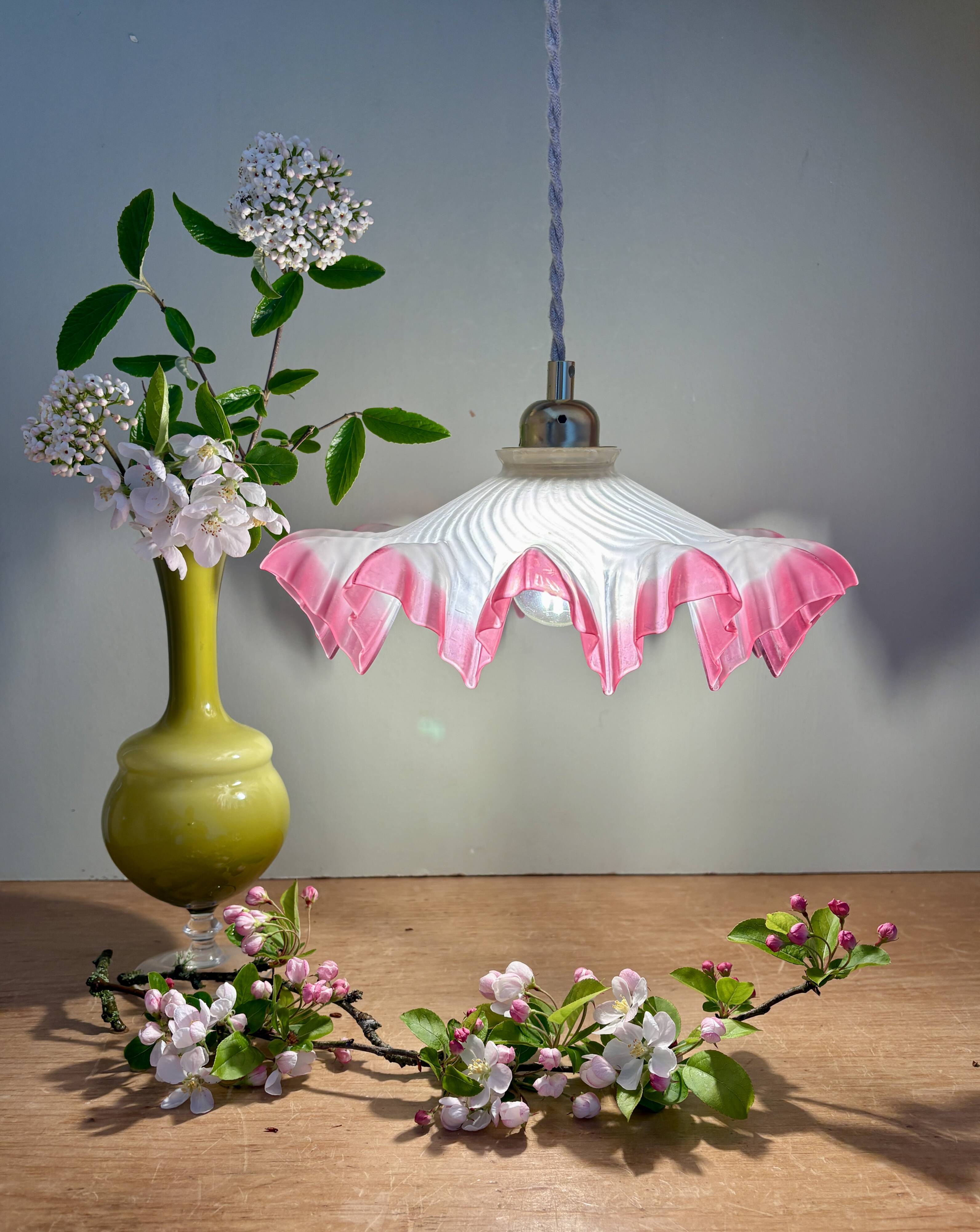 Vintage lace lampshade pendant light in pink frosted glass