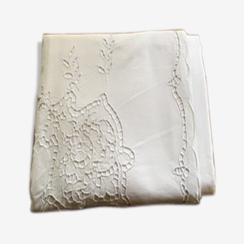 Drap de coton ancien brodé richelieu 230cm x 335cm