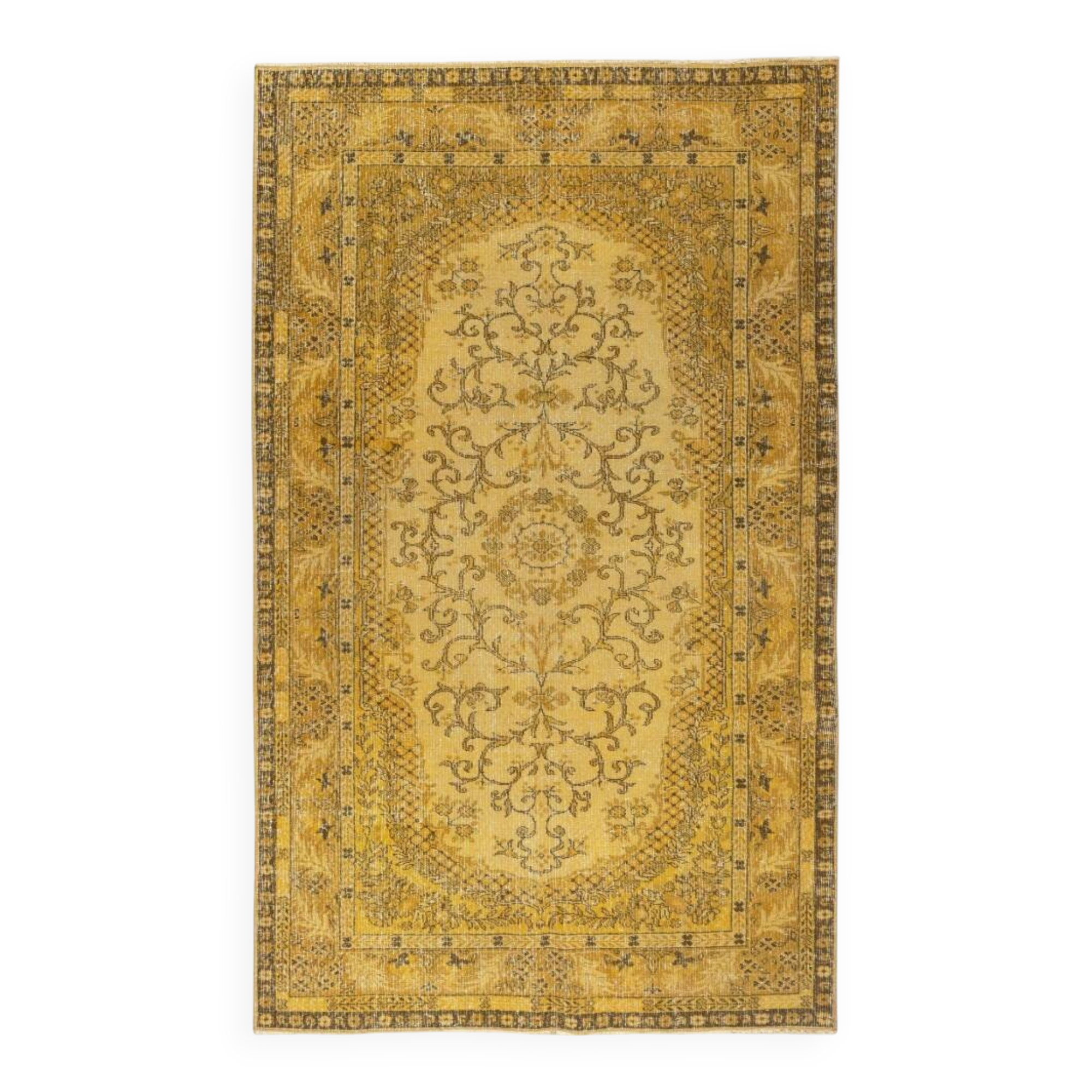 Yellow Overdyed Vintage Turkish Area Rug. Hand-Knotted Wool Carpet for Modern Interiors