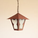 Amsterdam School style butterfly lantern in hammered sheet metal and glass, 1940s