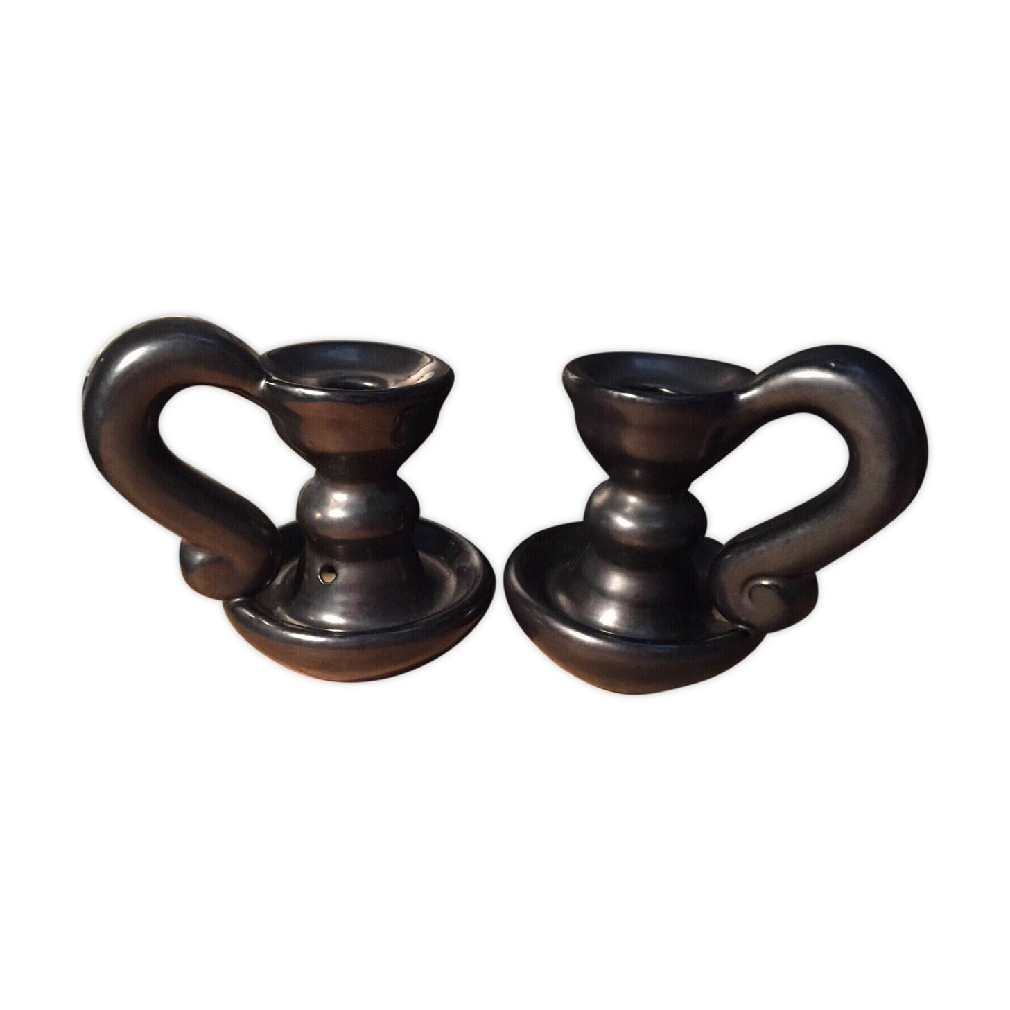 Pair iridescent black ceramic candlesticks 50's