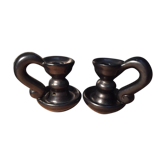 Pair iridescent black ceramic candlesticks 50's