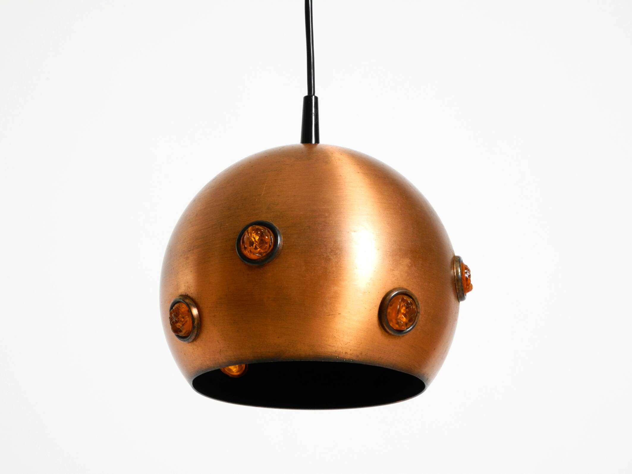 Original 1960s solid copper pendant lamp with orange synthetic glass stones