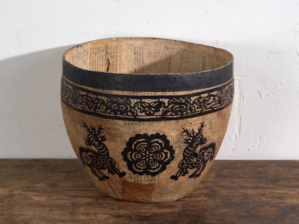 Antique Chinese papier-mâché basket with black papercuts – China, circa 1930