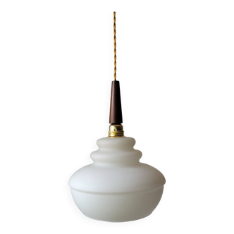 Opaline and teak pendant light