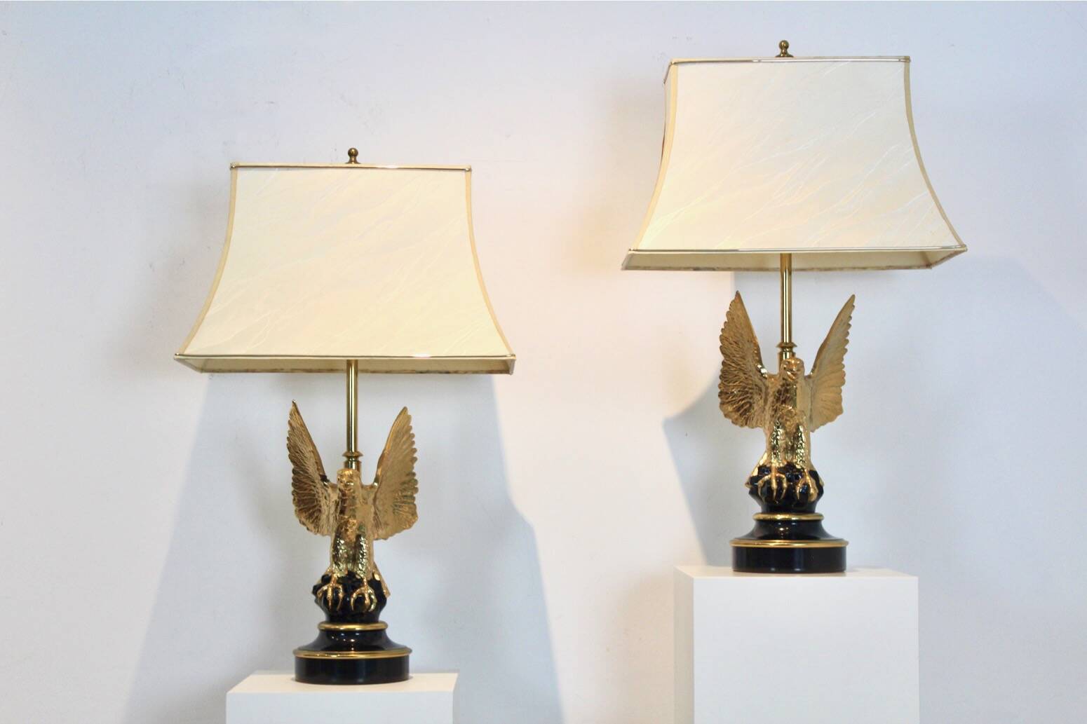 Pair of large Belgian brass carved eagle table lamps