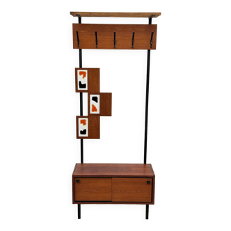 Vintage teak mcm coat rack with storage cabinet