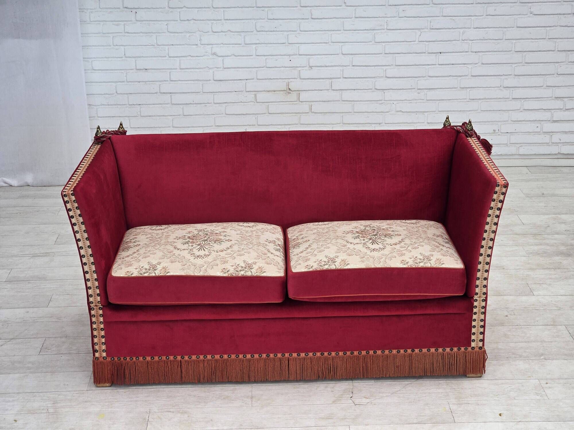 1970s, Danish 2-seater "Spanish" drop arm sofa, furniture velour.