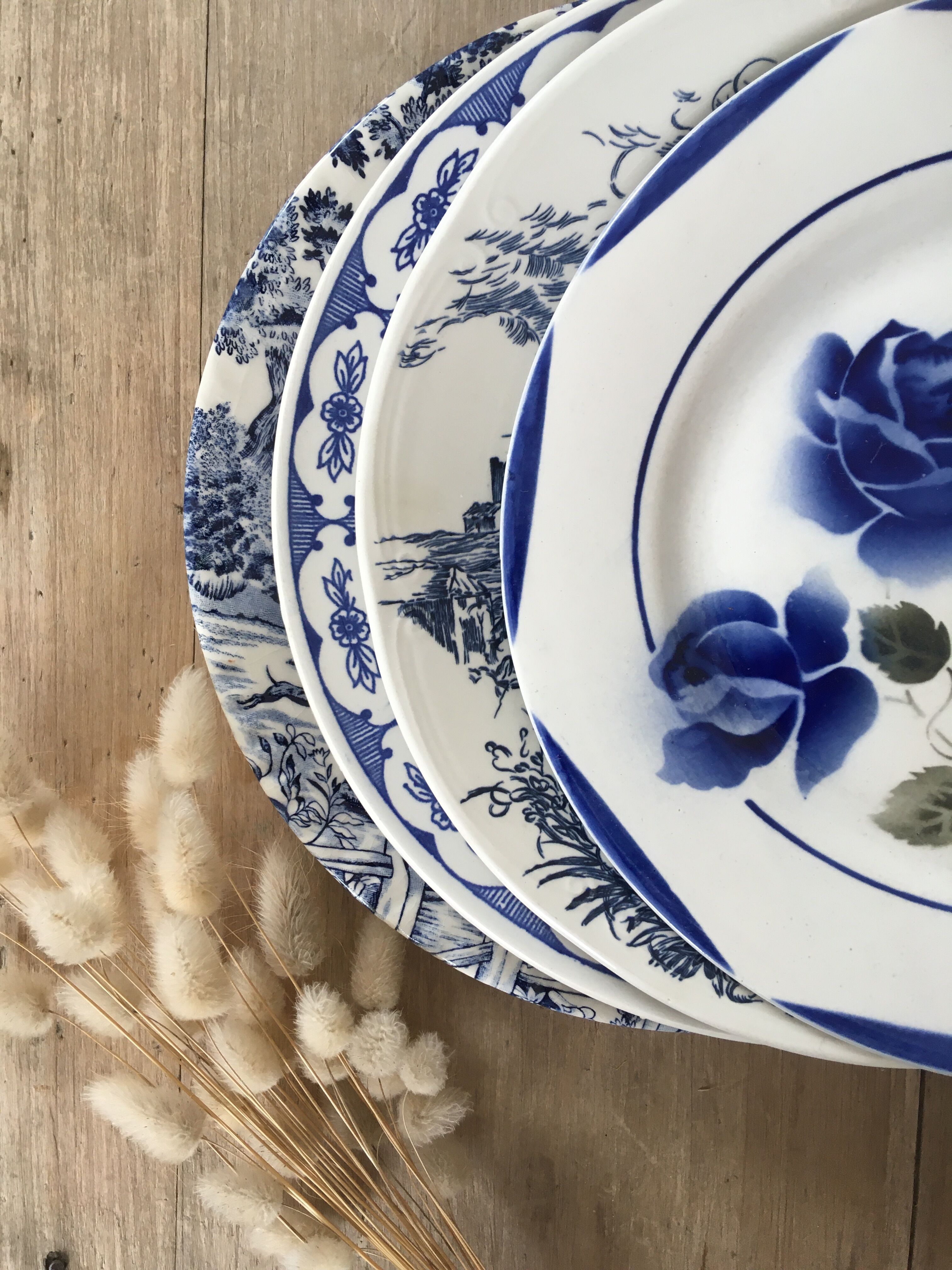 Blue & white mismatched flat plates