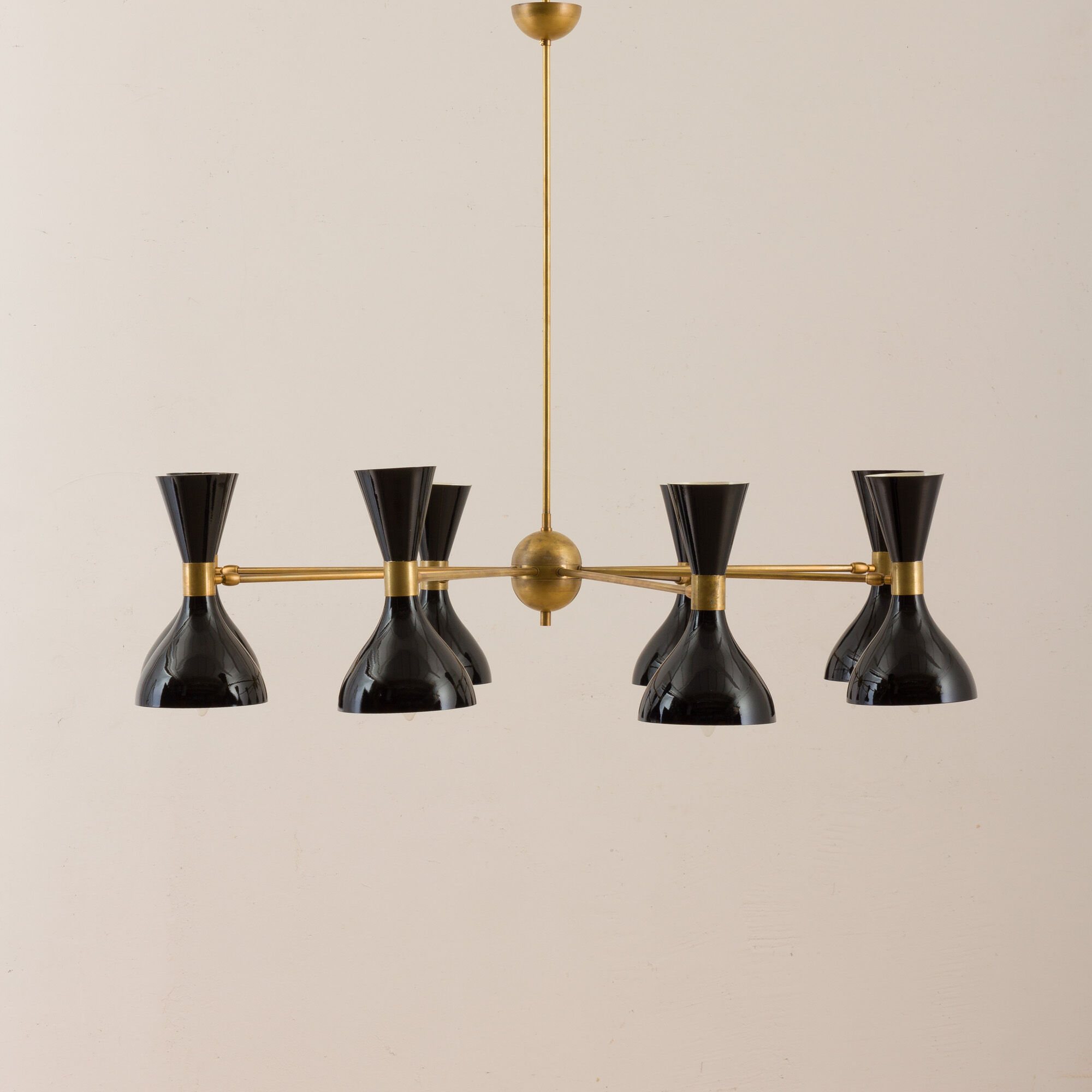 8 arms Italian chandelier with diabolo shades in Stilnovo style