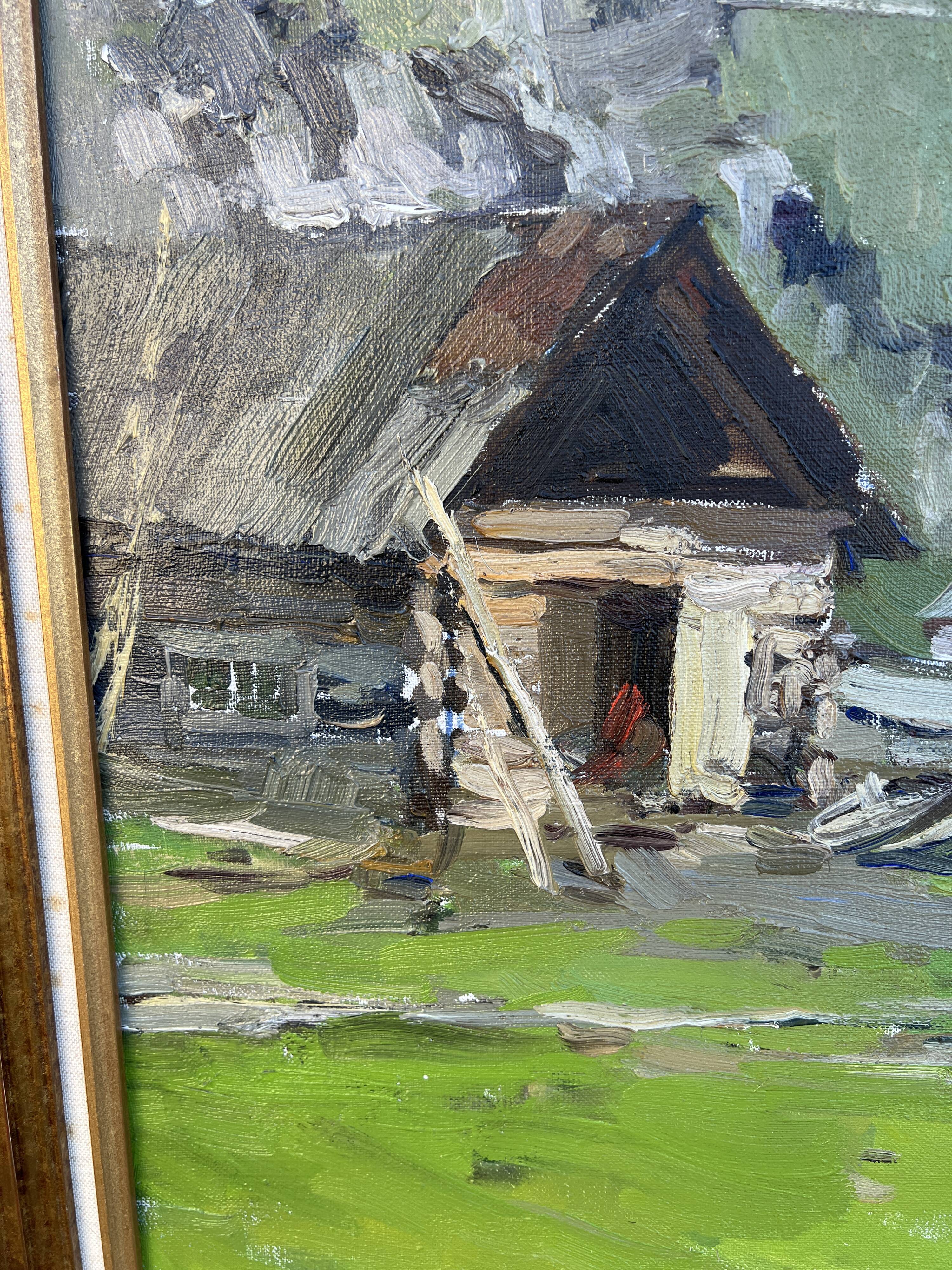 Oil-on-canvas painting The Blacksmith's Workshop 1956 signed by Fomine