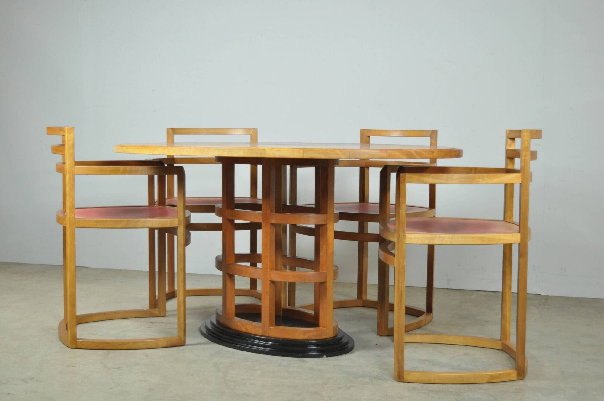 Exceptional fruitwood dining table set in art deco style, 1980s