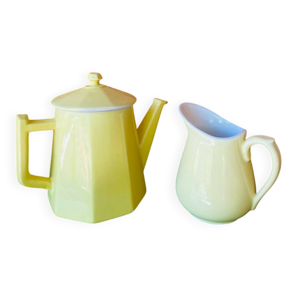 Théière et pot à lait en céramique jaune vintage