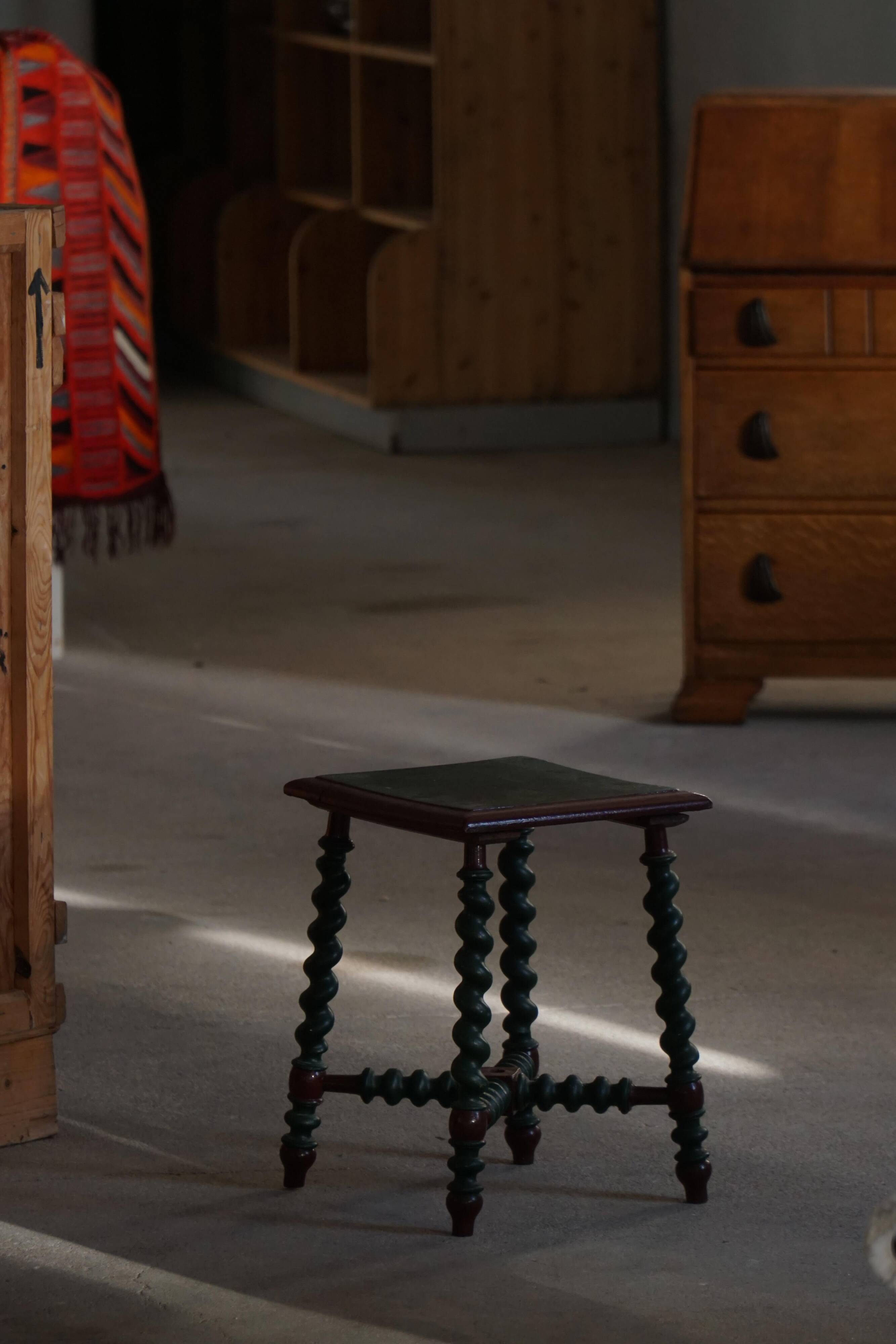 Vintage Scandinavian Stool Painted in Dark Green and Dark Red Wood, Folk Style, 1940s