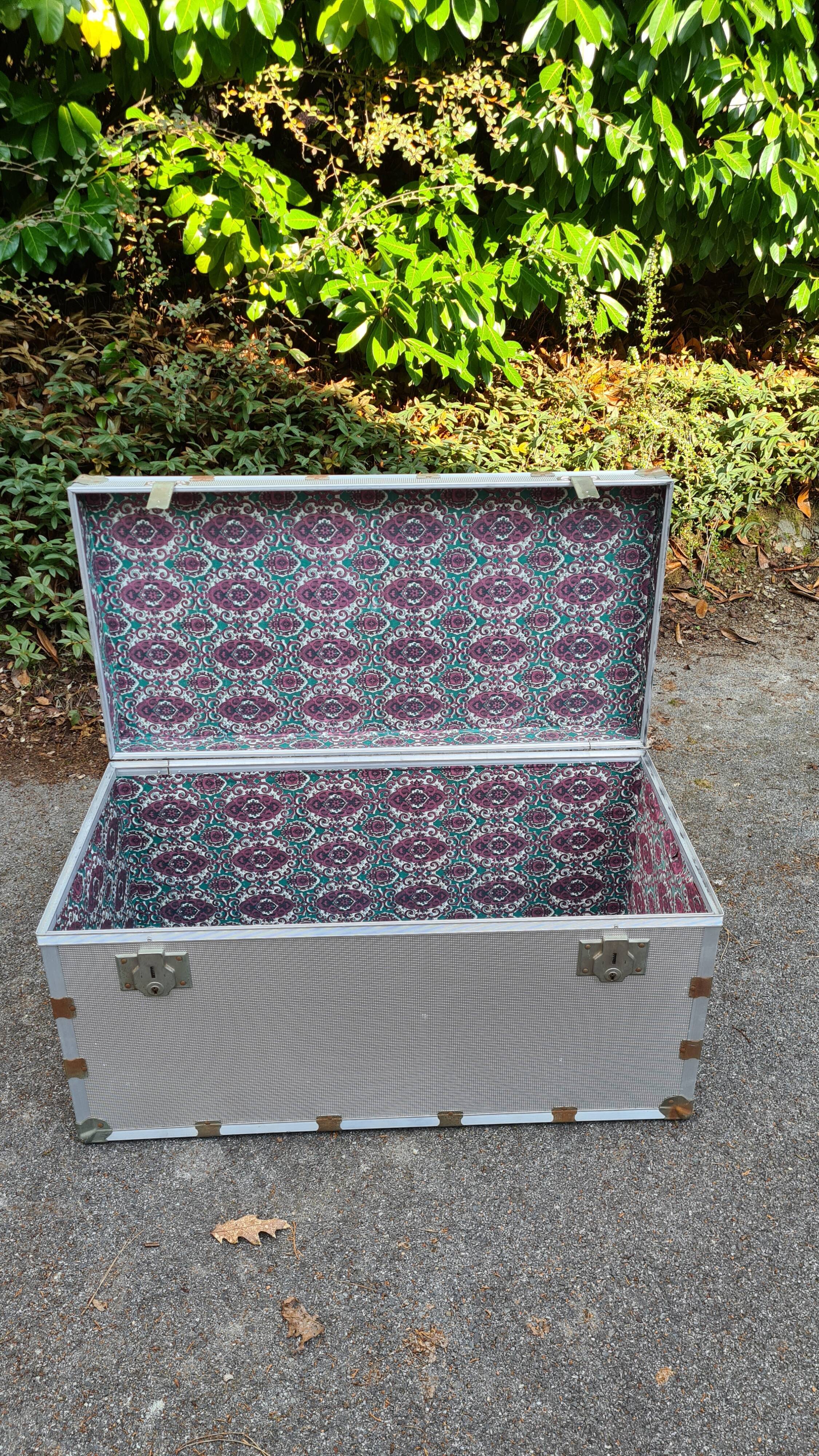 Old metal aluminum trunk / mail trunk / industrial / interior fabric