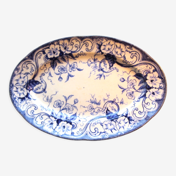 Oval flat Creil Montereau, Flora series in blue, models with lisera