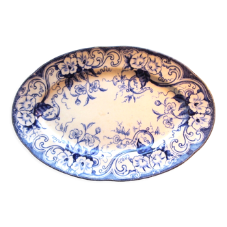 Plat ovale Creil Montereau, série Flora en bleu, modèles aux liserons