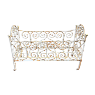 old wrought iron folding child bed - baby - brass balls