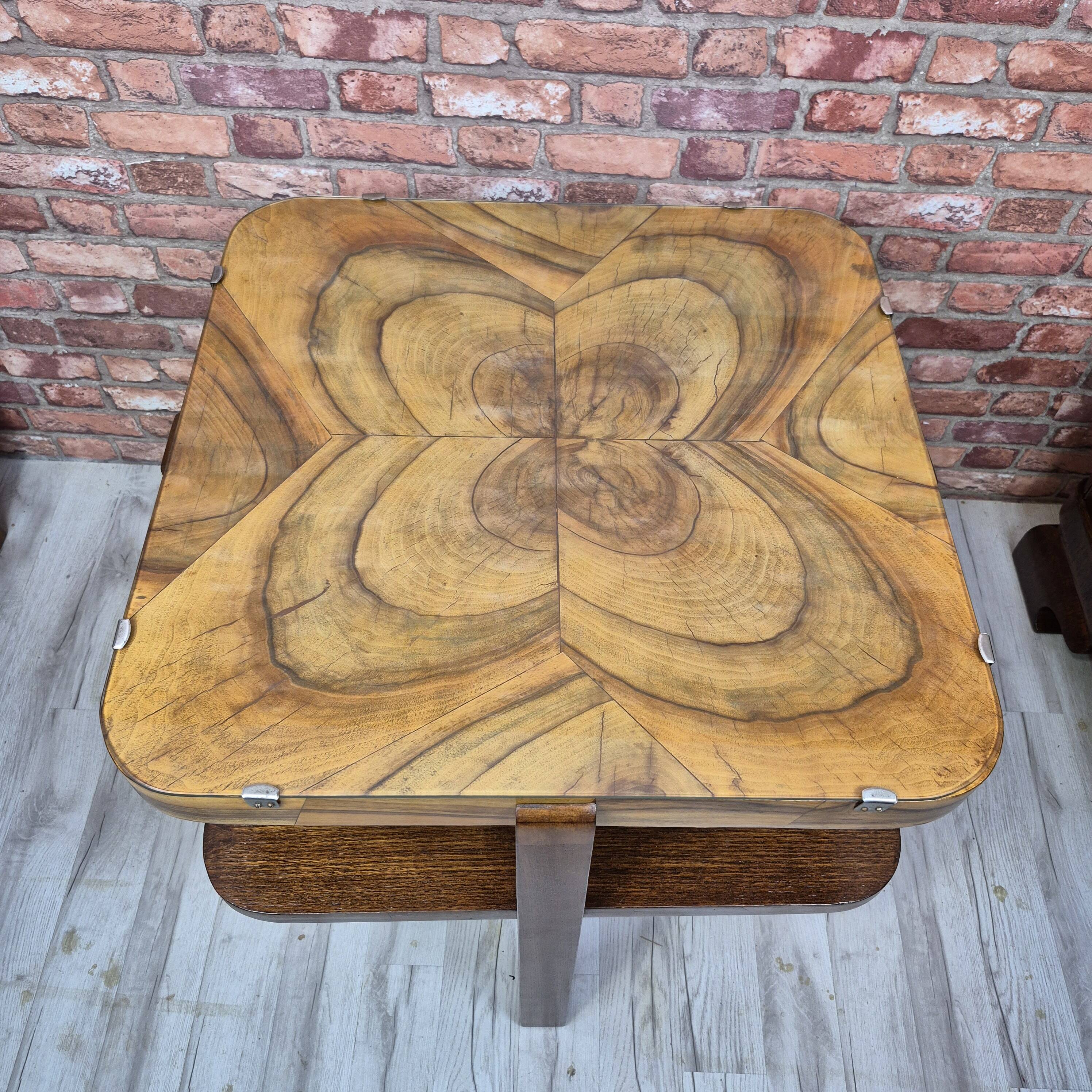 Restored Art Deco Walnut and Oak Side Table with Original Glass 1930s