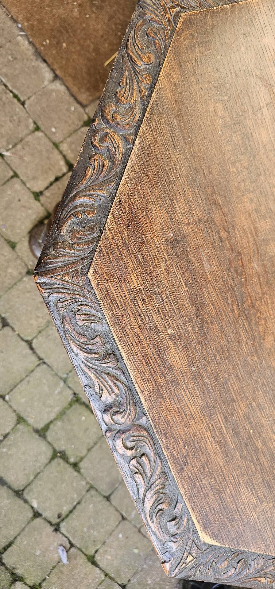 Large octagonal side table in carved solid oak, s