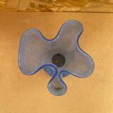 Ancien Vase Verre Soufflé Bleu Moucheté Blanc Col Corolle Vintage
