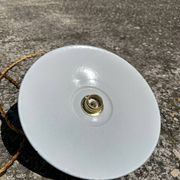 Vintage trio suspension lampshade in green and white enamelled metal.