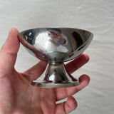 Set of 4 metal glasses / vintage stainless steel ice cream cups on a stand.
