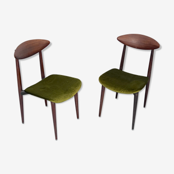 Vintage set of two wood and green velvet chairs, Italy 1950s