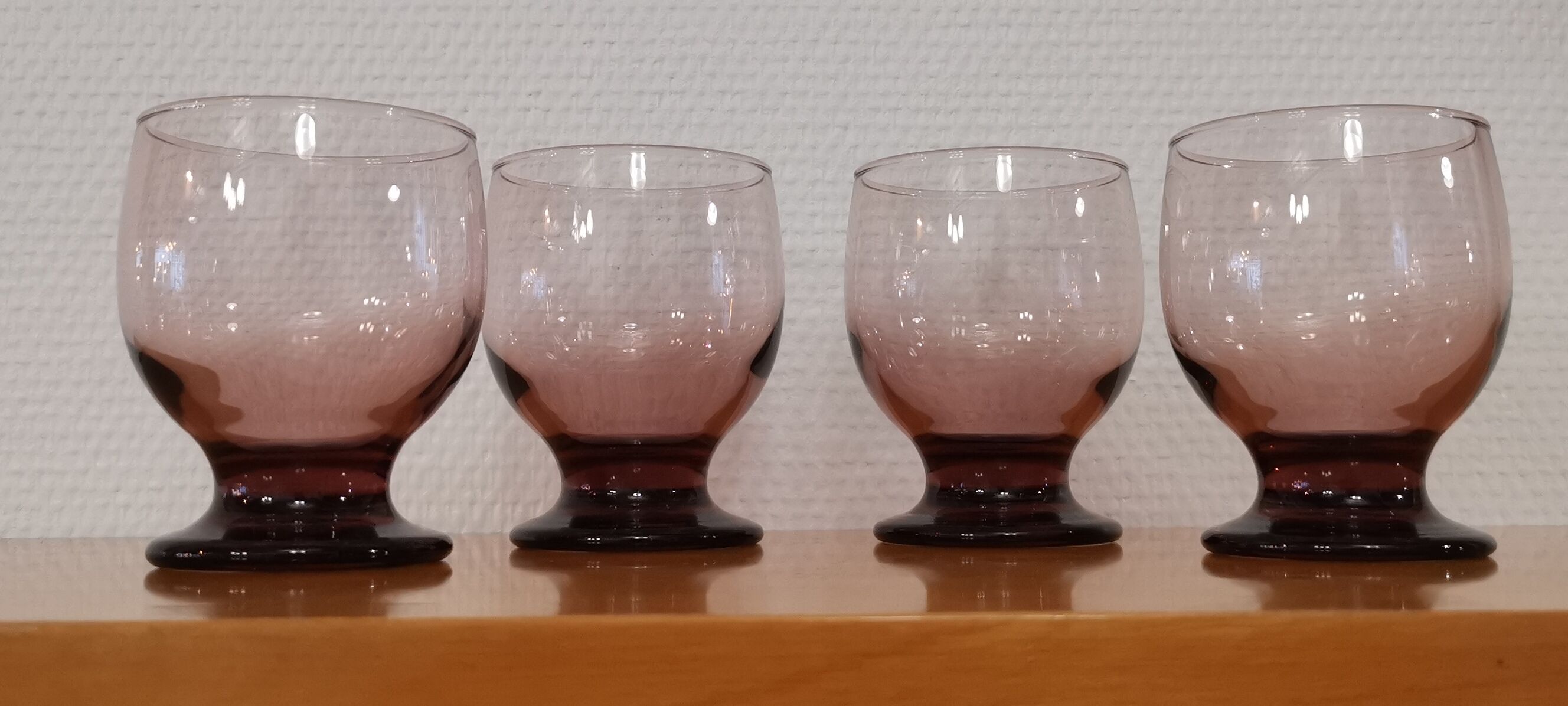 4 water glasses on foot pink purple vintage art deco