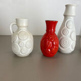 Set of 4 Red-White Fat Lava Op Art Pottery Vases by Bay Ceramics, Germany