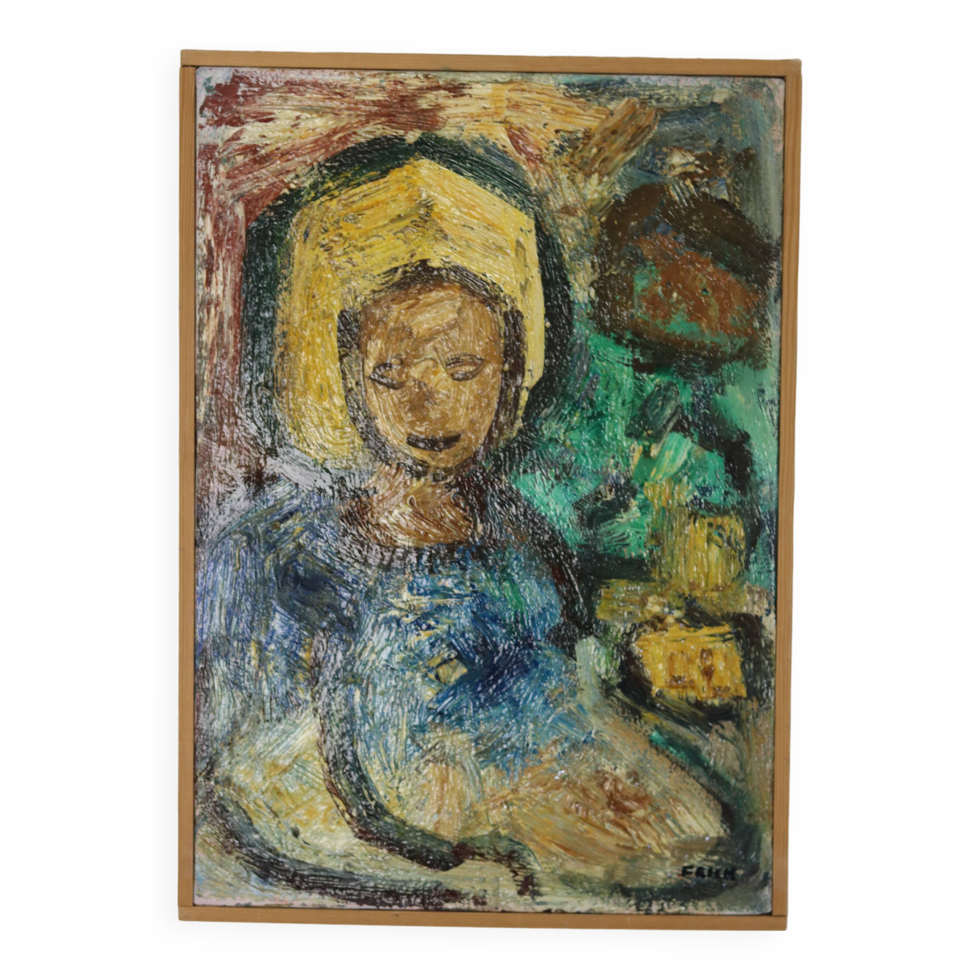 Grande peinture à l'huile moderniste suédoise « Fille » par Gösta Falck vers 1960 - Vintage et encadrée