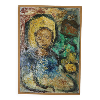 Grande peinture à l'huile moderniste suédoise « Fille » par Gösta Falck vers 1960 - Vintage et encadrée